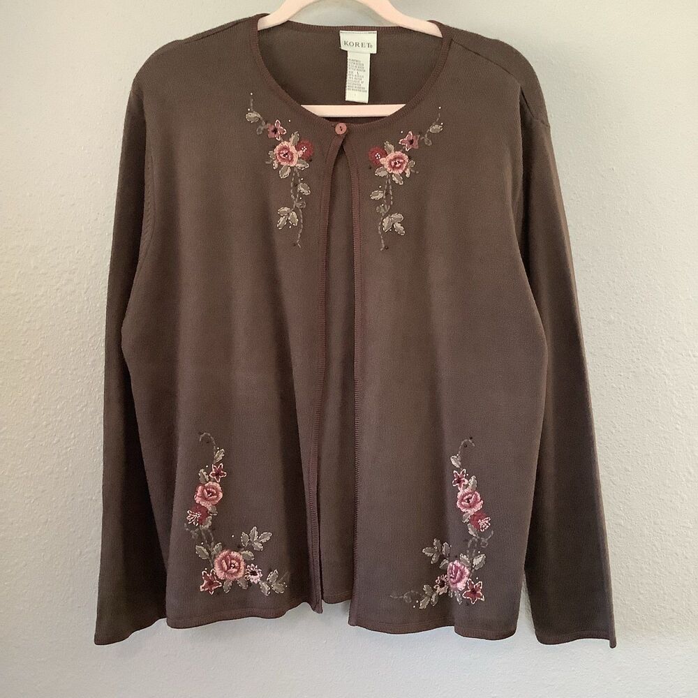 Vintage Brown Knitted Cottagecore Fairycore‎ Floral Embroidered Cardigan Top L